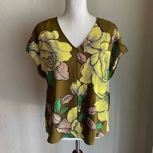 Worthington Floral V-Neck Blouse - Olive and Yellow